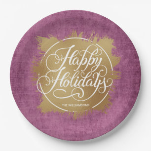 Plato De Papel Relieve metalizado Faux Gold Felices Fiestas Purpl