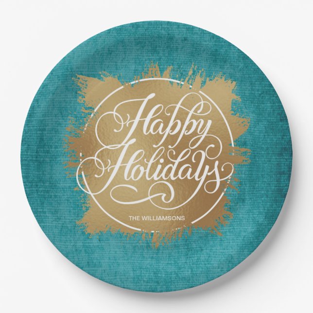 Plato De Papel Relieve metalizado Faux Gold Felices Fiestas Turqu (Anverso)
