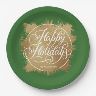 Plato De Papel Relieve metalizado Faux Gold Felices Fiestas Verde