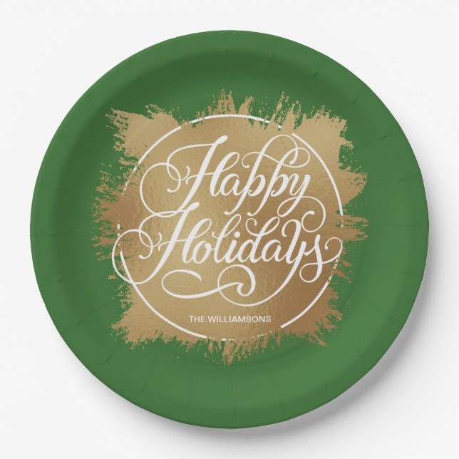 Plato De Papel Relieve metalizado Faux Gold Felices Fiestas Verde (Anverso)