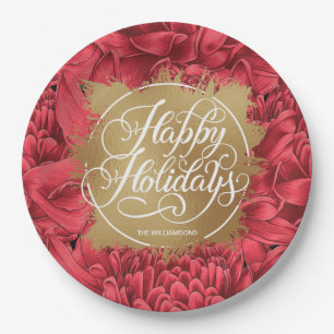 Plato De Papel Relieve metalizado Flamantes de Oro de Flores Roja