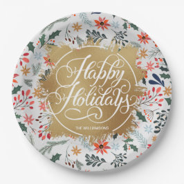 Plato De Papel Relieve metalizado Flowers Gold Faux Happy Holiday