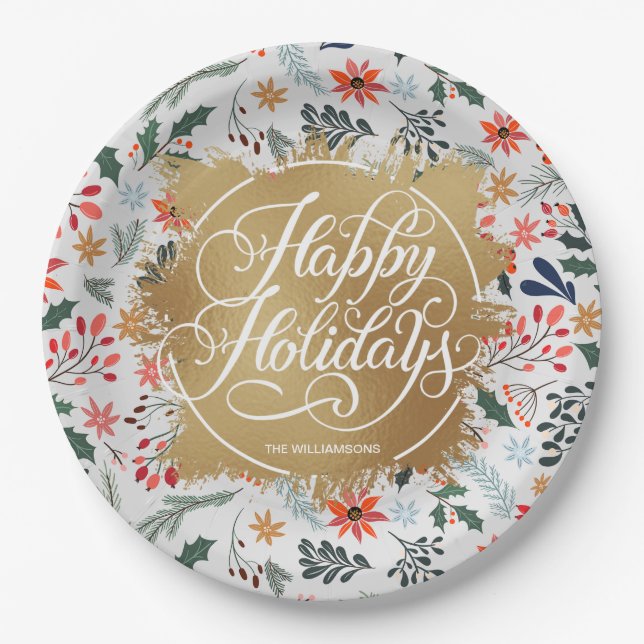Plato De Papel Relieve metalizado Flowers Gold Faux Happy Holiday (Anverso)