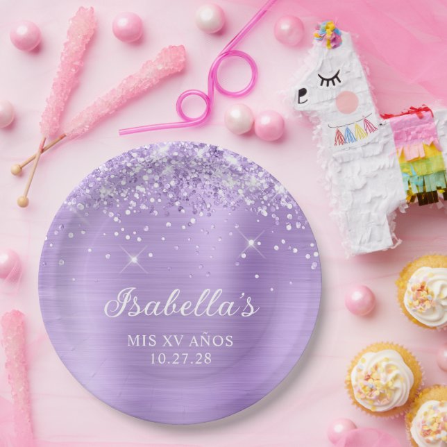 Plato De Papel Relieve metalizado Lavender Purpurinoso Mis XV Año (Fiesta)