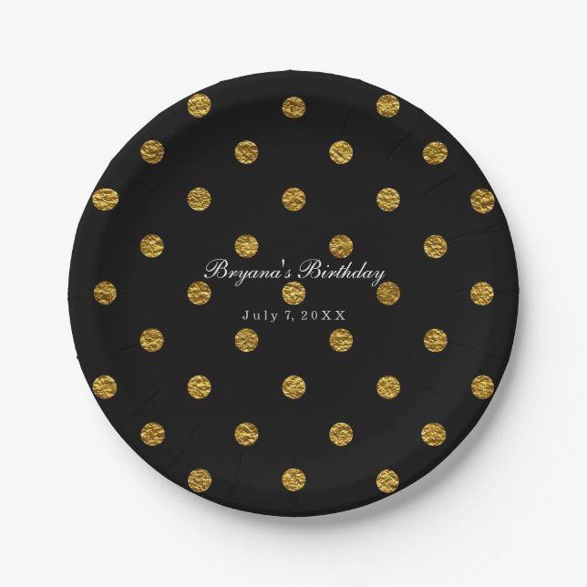 Plato De Papel Relieve metalizado negro y oro Faux Polka puntos F (Anverso)