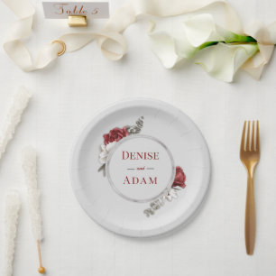 Plato De Papel Relieve metalizado plateado de Rubor y rosas blanc