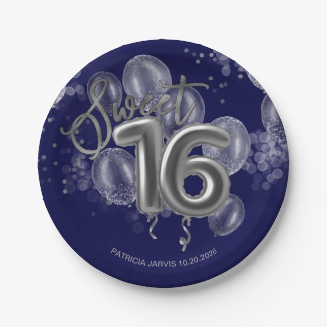 Plato De Papel Relieve metalizado plateado dulce 16 globos de cum (Anverso)