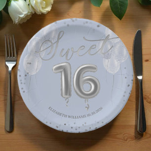 Plato De Papel Relieve metalizado plateado dulce 16 globos de cum