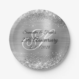 Plato De Papel Relieve metalizado plateado Purpurinoso Monogramad