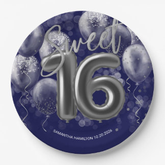 Plato De Papel Relieve metalizado plateado Sweet 16 Bday Balloons