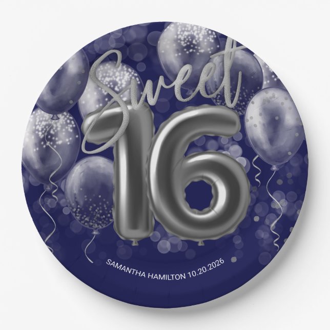 Plato De Papel Relieve metalizado plateado Sweet 16 Bday Balloons (Anverso)