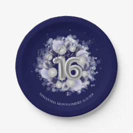 Plato De Papel Relieve metalizado plateado Sweet 16 Bday Balloons