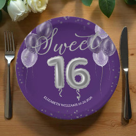 Plato De Papel Relieve metalizado plateado Sweet 16 Bday Balloons