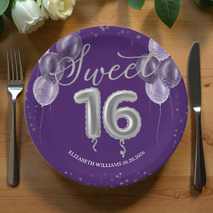Plato De Papel Relieve metalizado plateado Sweet 16 Bday Balloons