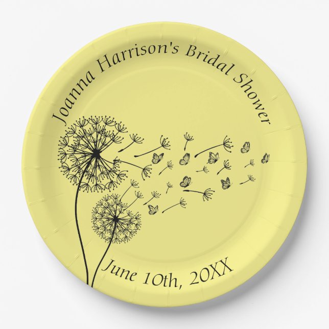 Plato De Papel Reloj Dandelion personalizado con mariposas (Anverso)
