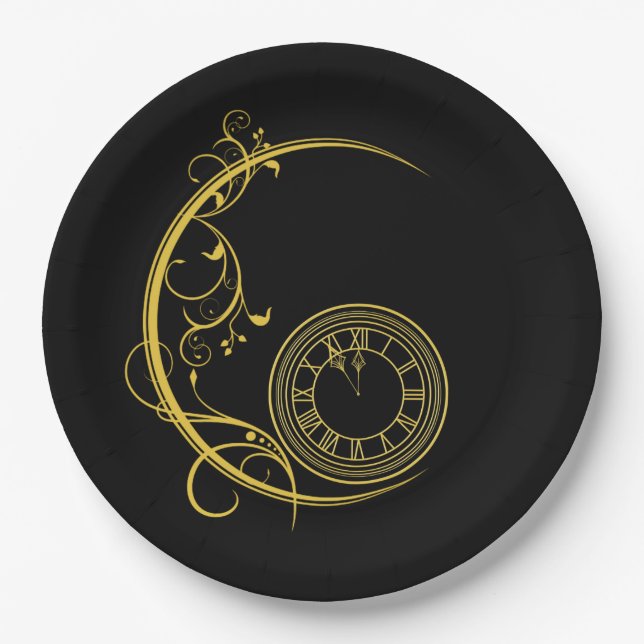 Plato De Papel Reloj de Año Nuevo de Oro Art Nouveau (Anverso)
