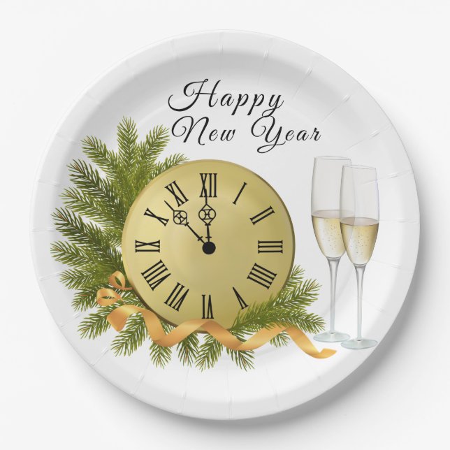 Plato De Papel Reloj de Año Nuevo Feliz (Anverso)