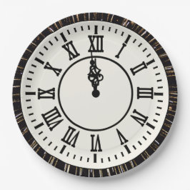 Plato De Papel Reloj de Año Nuevo sobre fuegos artificiales