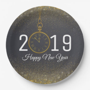 Plato De Papel Reloj de confetti del Fiesta de Año Nuevo Feliz