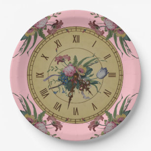 Plato De Papel Reloj del vintage con las flores
