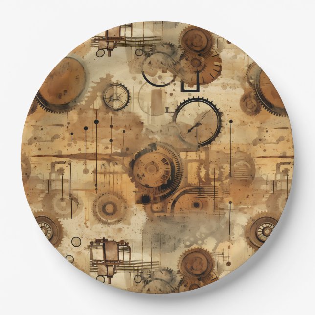 Plato De Papel Reloj Steampunk Rústico Grunge (Anverso)