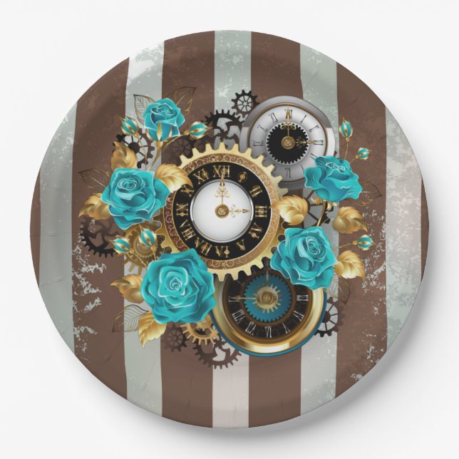 Plato De Papel Reloj Steampunk y Rosas turquesas a rayas (Anverso)
