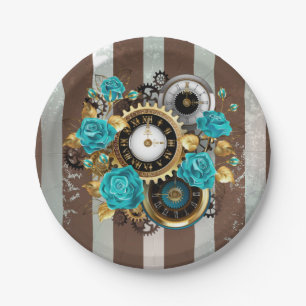 Plato De Papel Reloj Steampunk y Rosas turquesas a rayas