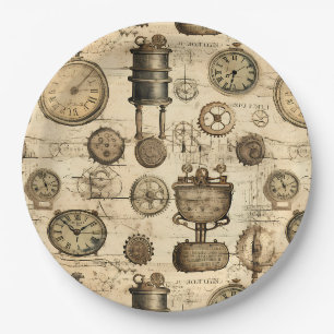 Plato De Papel Reloj vintage de estilo steampunk en pergamino mar