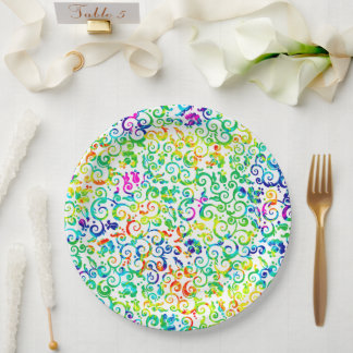Plato De Papel Remolinear flores acuarelas coloridas