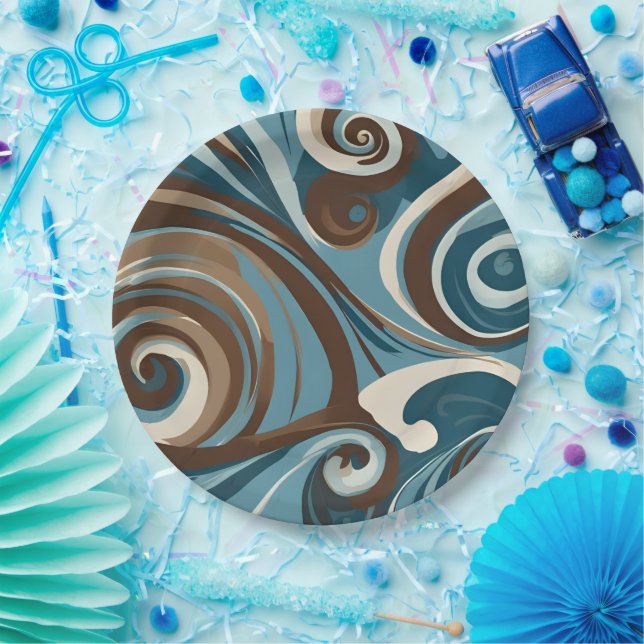 Plato De Papel Remolino azul y marrón (Fiesta)