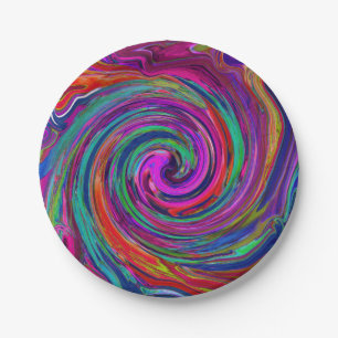 Plato De Papel Remolino de Arcoíris Oscuro Magenta Retro Abstract
