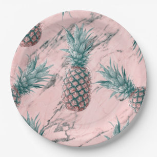 Plato De Papel Remolino de Mármol Rosa Piña Moderno Fiesta