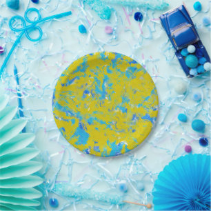Plato De Papel Remolinos amarillos, azules y blancos