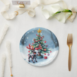 Plato De Papel Reno ciberpunk lindo con árbol de Navidad