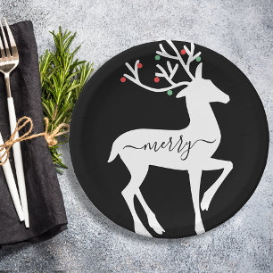 Plato De Papel Reno de Navidad Alegre Negro