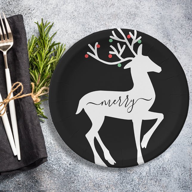 Plato De Papel Reno de Navidad Alegre Negro (Christmas Reindeer Merry Black Paper Plates)
