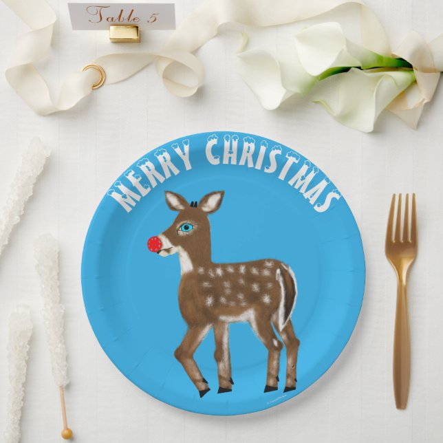 Plato De Papel Reno de Navidad Azul Blanco (Boda)