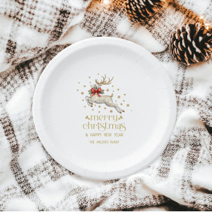 Plato De Papel Reno de Navidad dorado y blanco