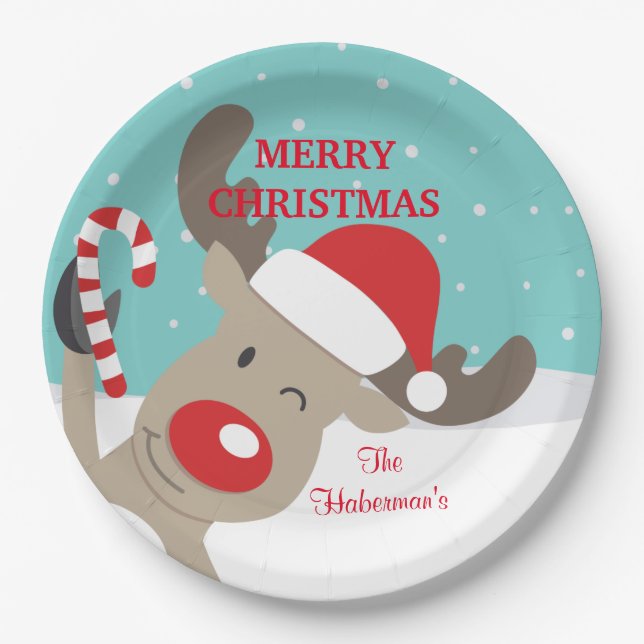 Plato De Papel Reno de Rudolph personalizado con caña de candy (Anverso)