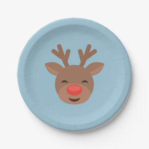 Plato De Papel Reno Rudolf del navidad en azul claro
