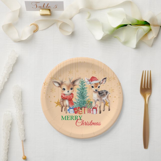 Plato De Papel Reno verde rojo Santa Feliz Fiesta navideño (Boda)