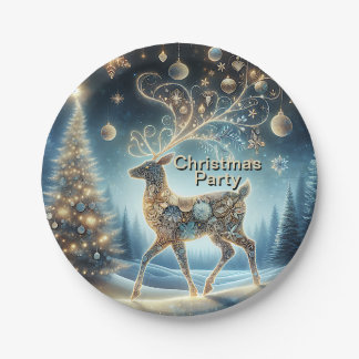 Plato De Papel Renos dorados Ornamentos navideños cielo azul