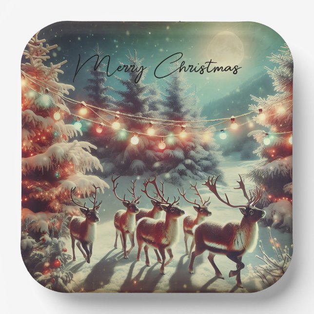 Plato De Papel Renos vintage y luces Navidades (Anverso)