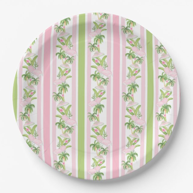Plato De Papel Reposeras de Piscina Rosadas de Palm Beach (Anverso)