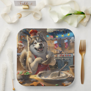 Plato De Papel Repostería Navideña con Alaskan Malamute: Navidad 