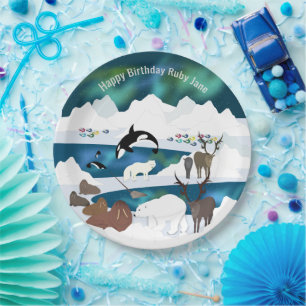 Plato De Papel Resto del oso polar ártico Walrus Orca Narwhal Fox