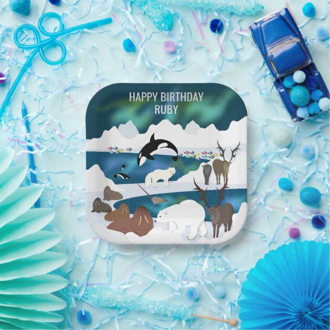 Plato De Papel Resto del oso polar ártico Walrus Orca Narwhal Fox (Fiesta)