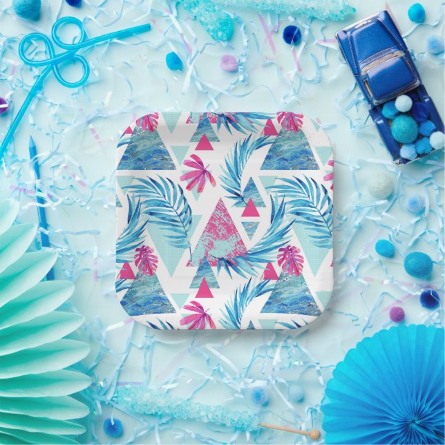 Plato De Papel Resumen acuarela Patrón de hoja tropical (Fiesta)