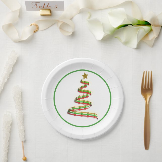 Plato De Papel Resumen Árbol de Navidad de la cinta dorada verde  (Boda)