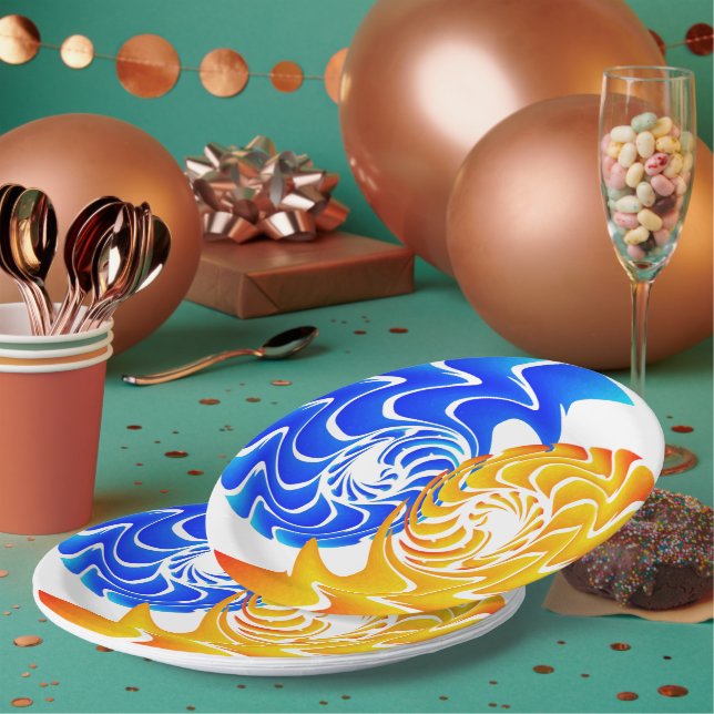 Plato De Papel Resumen Balanza de Yin Yang de Oro Azul (Multi)